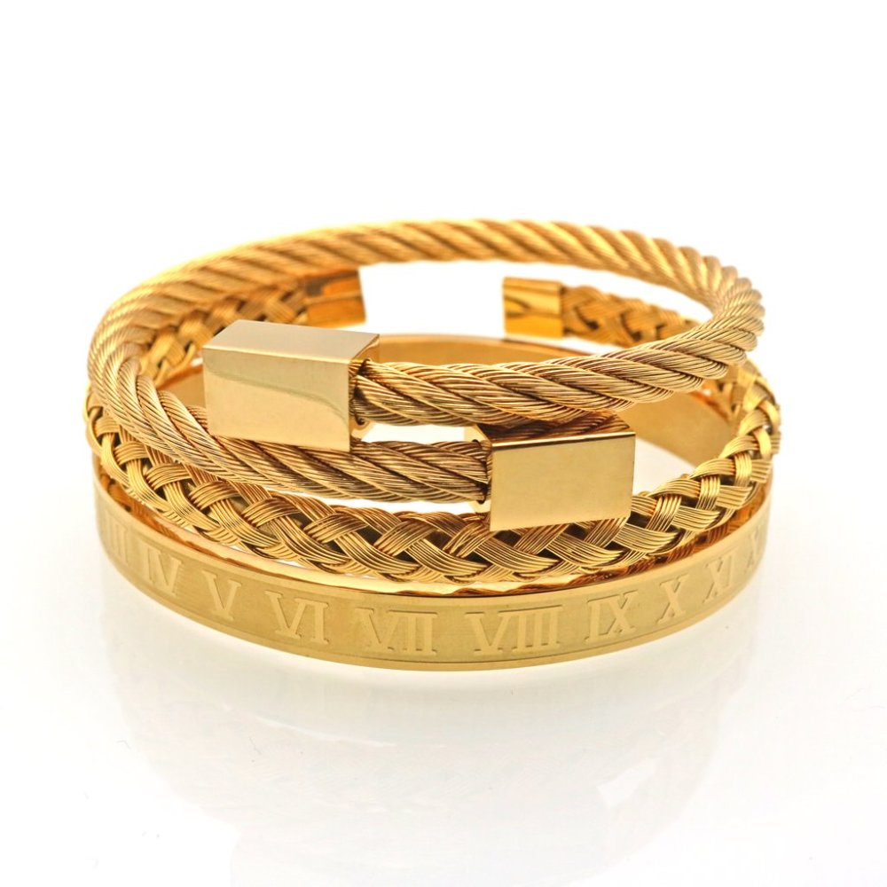 3 Piece Royal Roman Bracelets Bangles Adjustable Gold Square - Picture 3 of 14